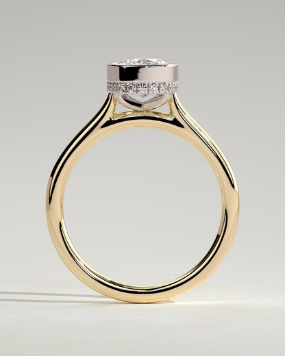 Everleigh - Elongated Cushion Bezel Solitaire with Hidden Halo and Cathedral High Setting Engagement Ring - Yellow Two-Tone