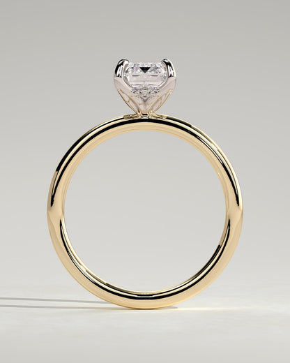 Freesia - Emerald Claw Solitaire with Petal Gallery and Accented Tiara Detail Engagement Ring - Yellow Two-Tone