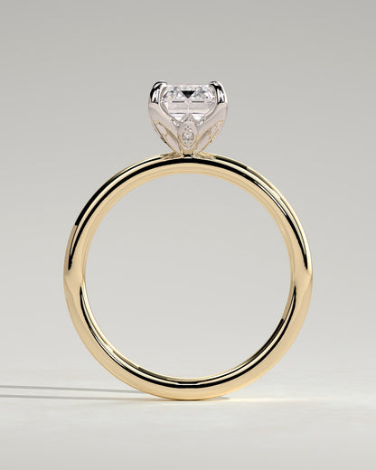 Dove - Emerald Claw Solitaire with Petal Gallery and Accent Leaf Detail Engagement Ring - Yellow Two-Tone