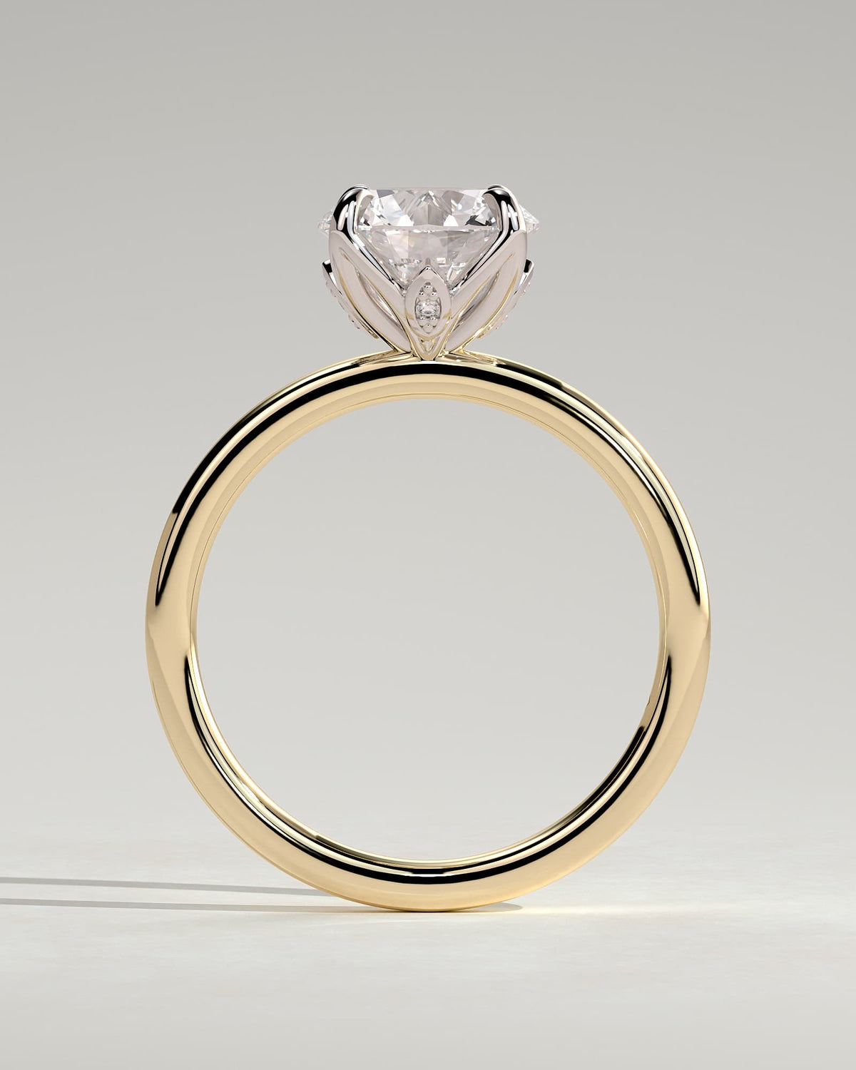 Joy - Round Claw Solitaire with Petal Gallery and Accent Leaf Detail Engagement Ring - Yellow Two-Tone