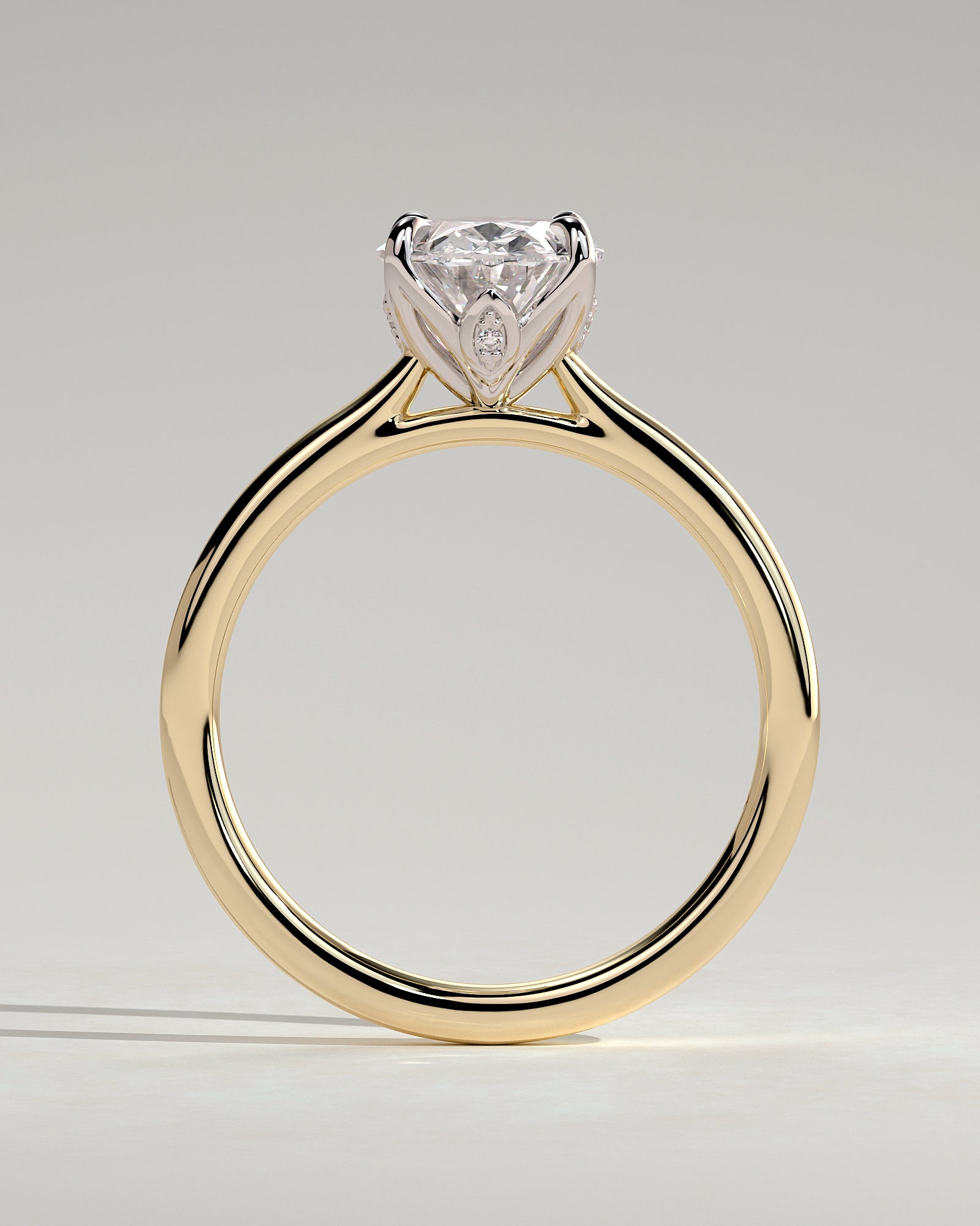 Erica - Oval Claw Solitaire with Petal Gallery, Accent Leaf Detail and Cathedral Setting Engagement Ring - Yellow Two-Tone - Yellow Two-Tone 2ct
