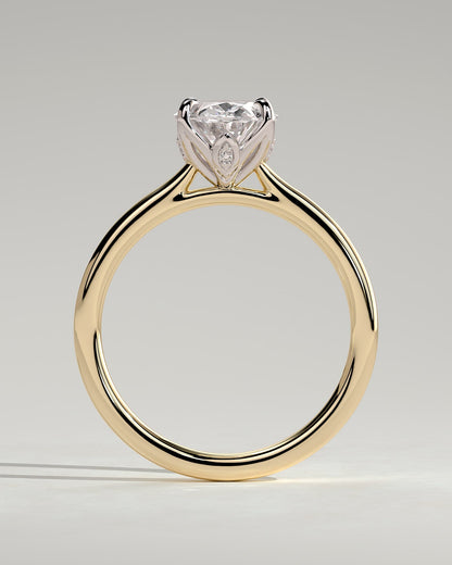 Erica - Oval Claw Solitaire with Petal Gallery, Accent Leaf Detail and Cathedral Setting Engagement Ring - Yellow Two-Tone