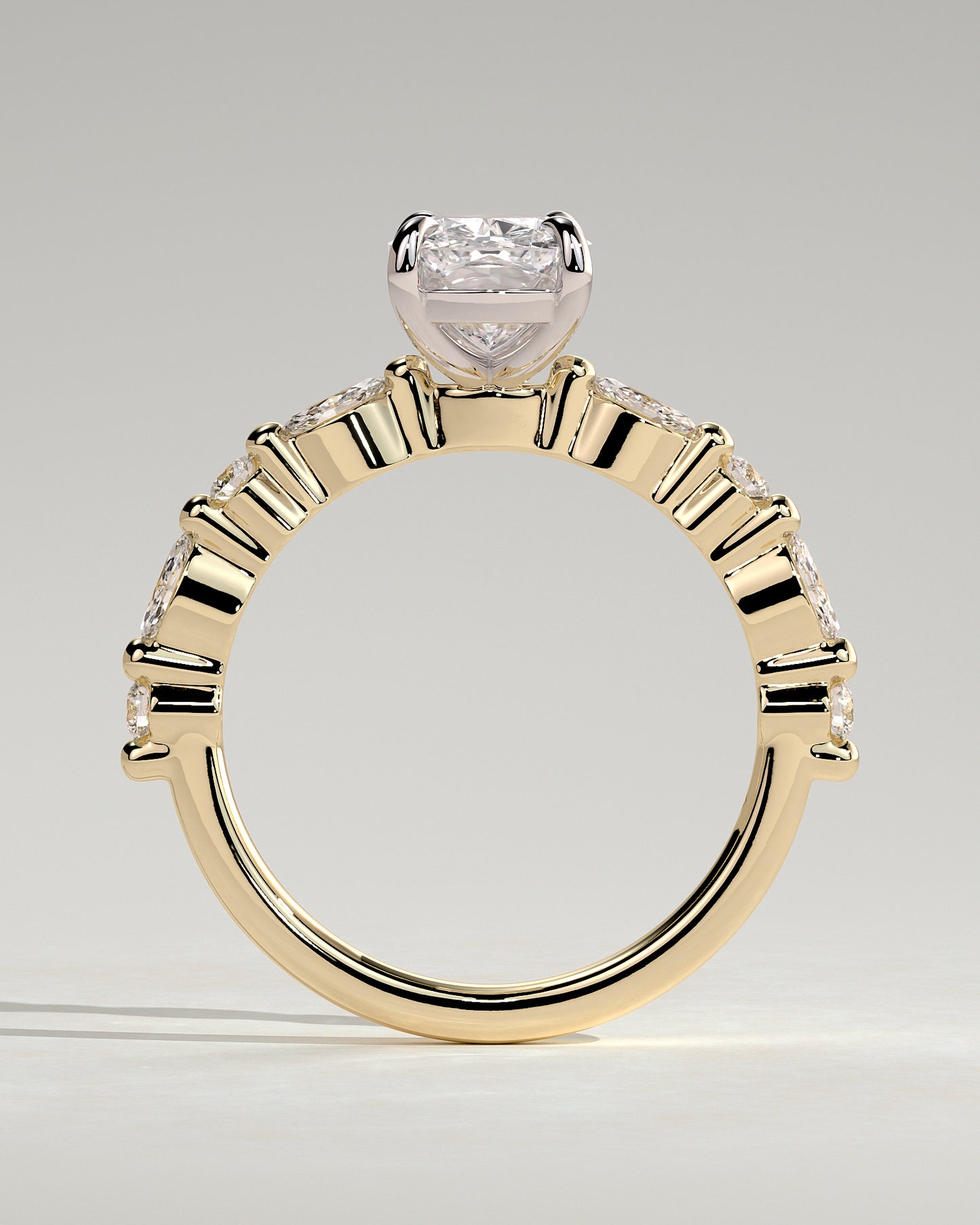 Delphine - Elongated Cushion Claw Solitaire with Marquise and Round Accent Stones Engagement Ring - Yellow Two-Tone - Yellow Two-Tone 2ct