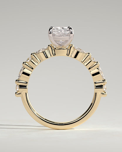 Delphine - Elongated Cushion Claw Solitaire with Marquise and Round Accent Stones Engagement Ring - Yellow Two-Tone