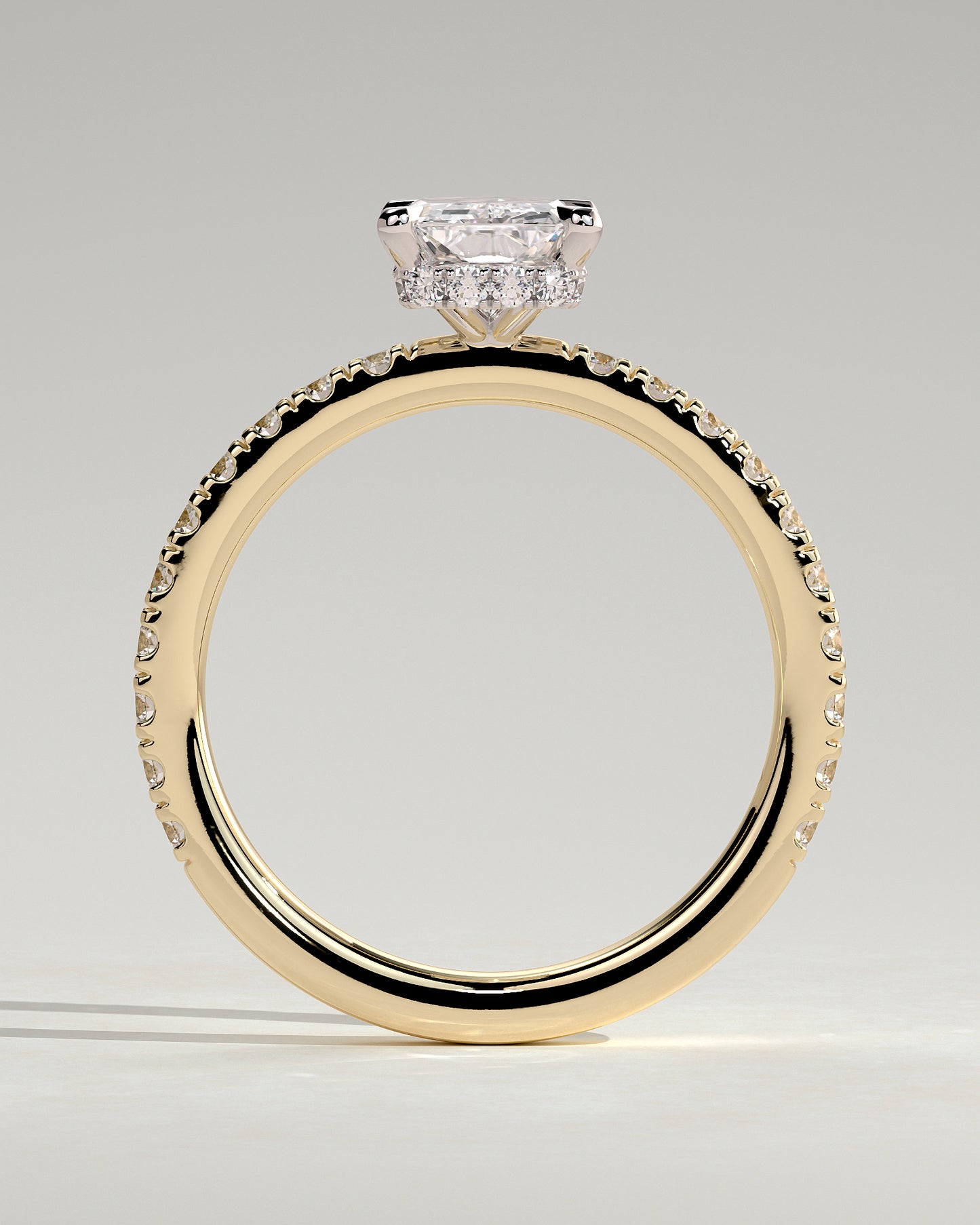 Ellie - Radiant Claw Solitaire with Wrap Around Hidden Halo and Pave Band Engagement Ring - Yellow Two-Tone - Yellow Two-Tone 2ct