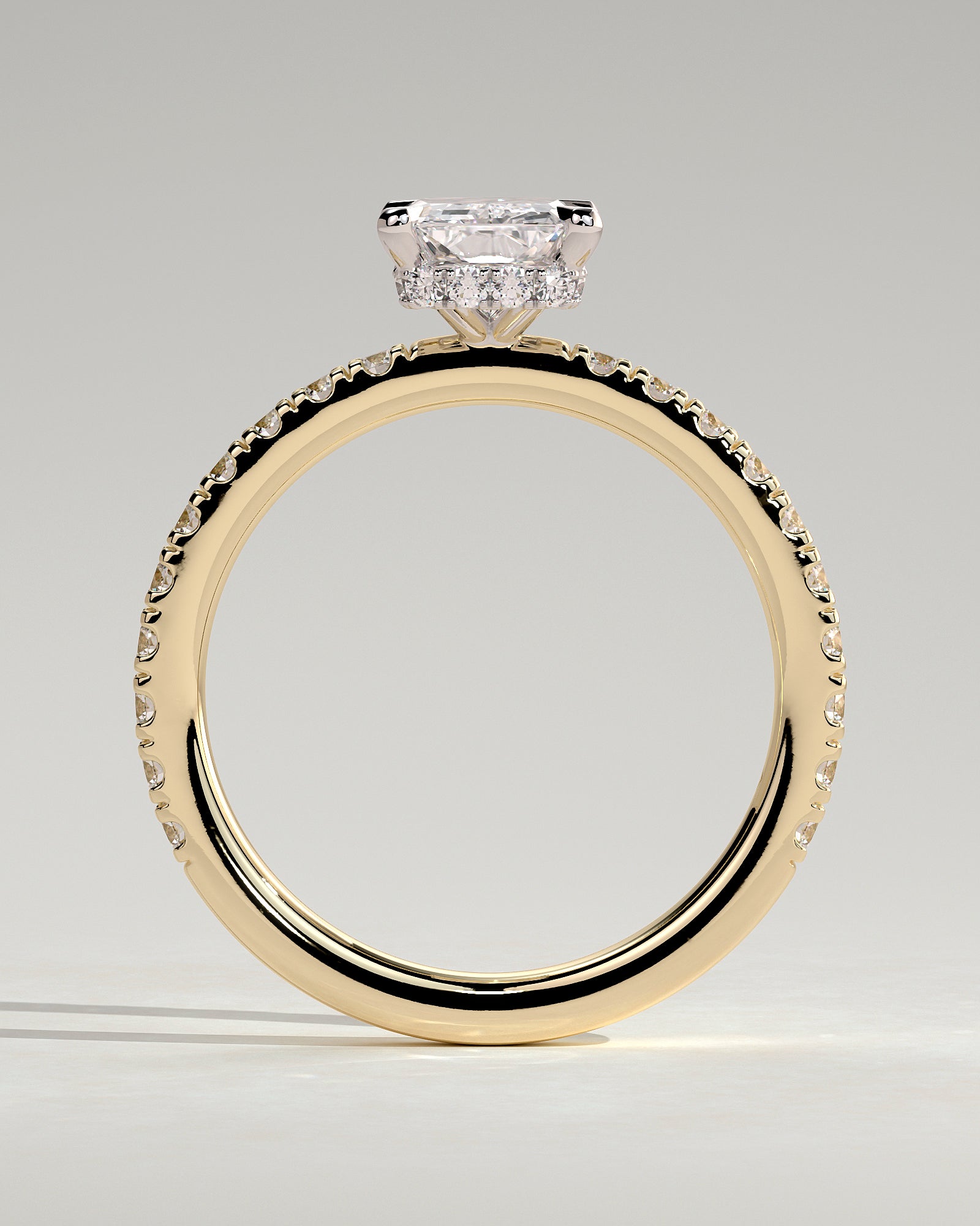 Ellie - Radiant Claw Solitaire with Wrap Around Hidden Halo and Pave Band Engagement Ring - Yellow Two-Tone - Yellow Two-Tone 2ct