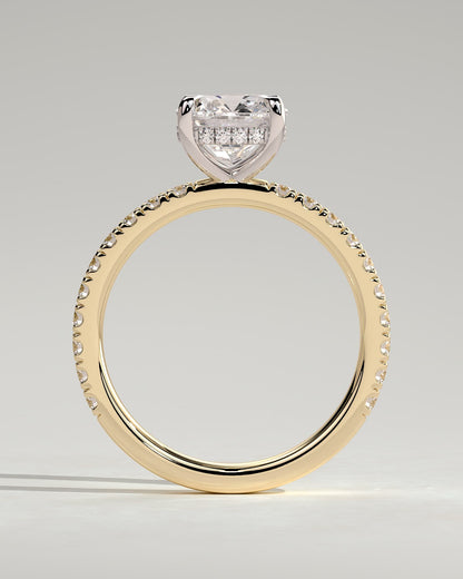 Claudia - Cushion Claw Solitaire with Hidden Halo and Pave Band Engagement Ring - Yellow Two-Tone