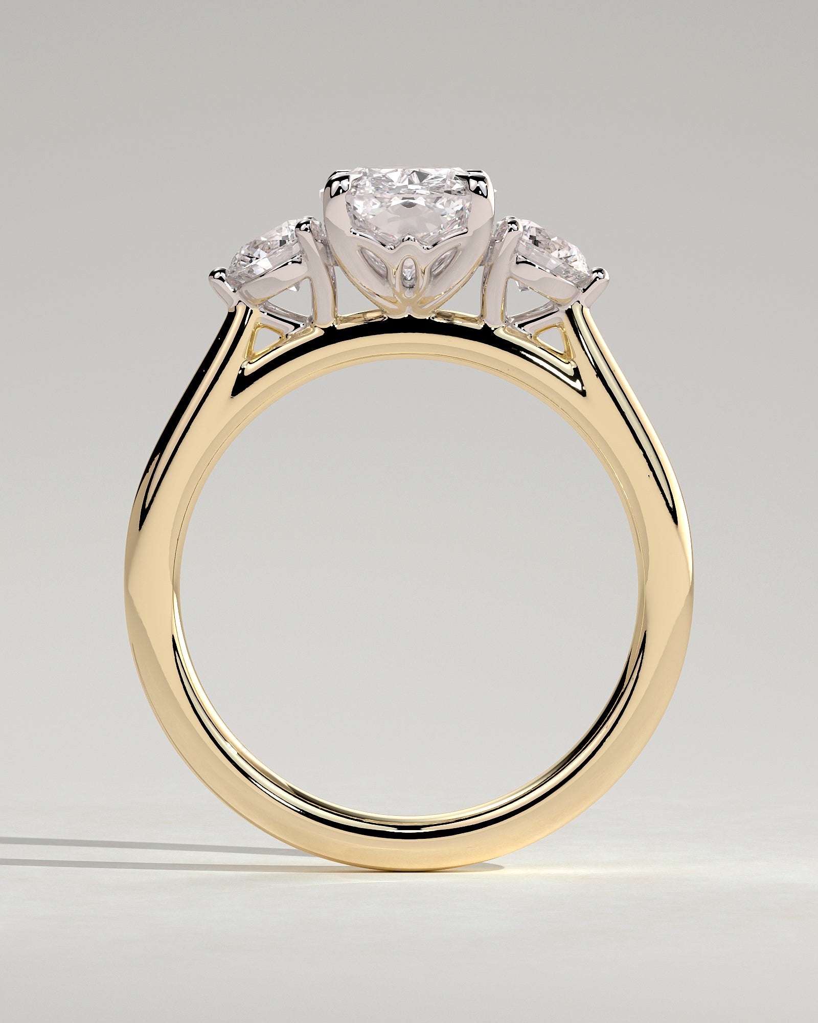 Charmaine - Elongated Cushion Claw Trilogy with Round Side Stones and Lily Detail Engagement Ring - Yellow Two-Tone - Yellow Two-Tone 2ct
