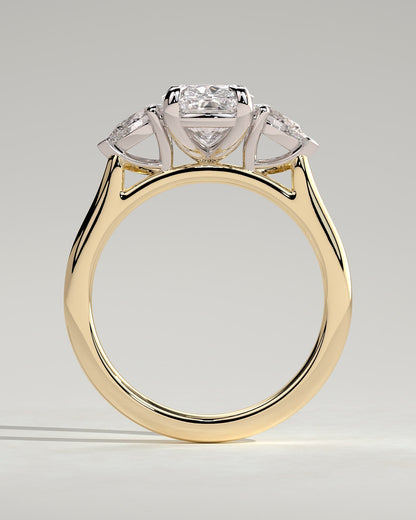 Cataleya - Elongated Cushion Claw Trilogy with Pear Side Stones and Cathedral Setting Engagement Ring - Yellow Two-Tone