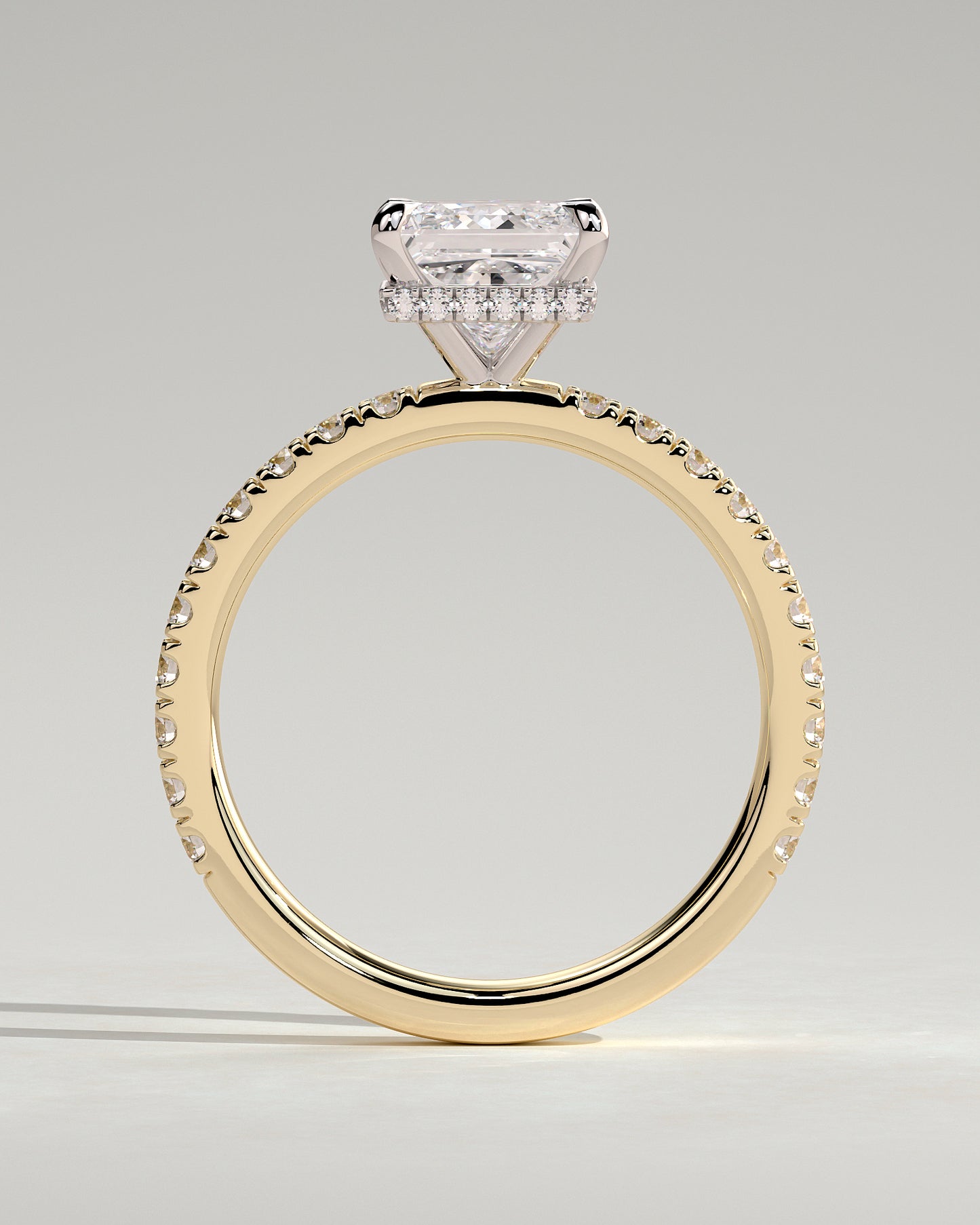 Brooklyn - Princess Claw Solitaire with Wrap Around Hidden Halo and Pave Band Engagement Ring - Yellow Two-Tone - Yellow Two-Tone 2ct