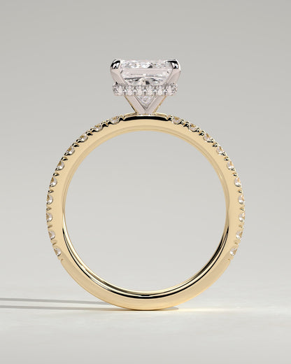 Brooklyn - Princess Claw Solitaire with Wrap Around Hidden Halo and Pave Band Engagement Ring - Yellow Two-Tone