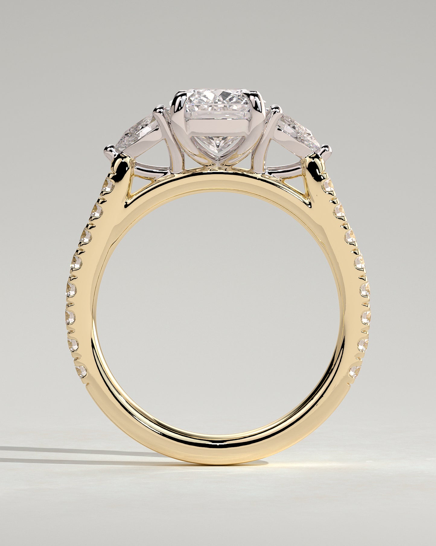 Bree - Elongated Cushion Claw Trilogy with Pear Side Stones and Pave Band Engagement Ring - Yellow Two-Tone - Yellow Two-Tone 2ct