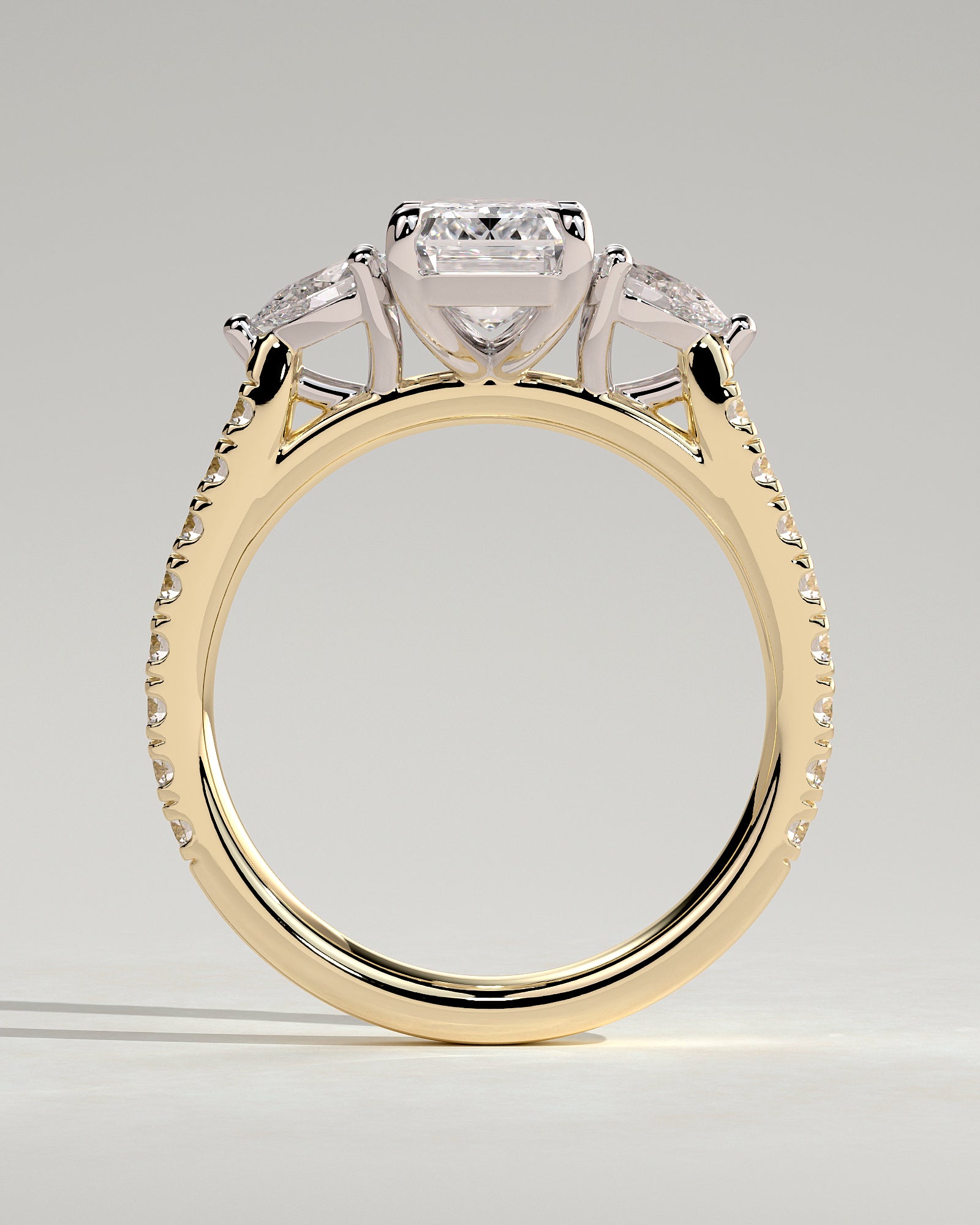 Autumn - Emerald Claw Trilogy with Pear Side Stones and Pave Band Engagement Ring - Yellow Two-Tone - Yellow Two-Tone 2ct