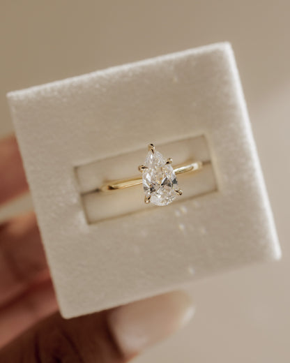 Aspen - Pear Claw Solitaire with Pinched Tapered Band and Cathedral Low Setting Engagement Ring - Yellow Gold