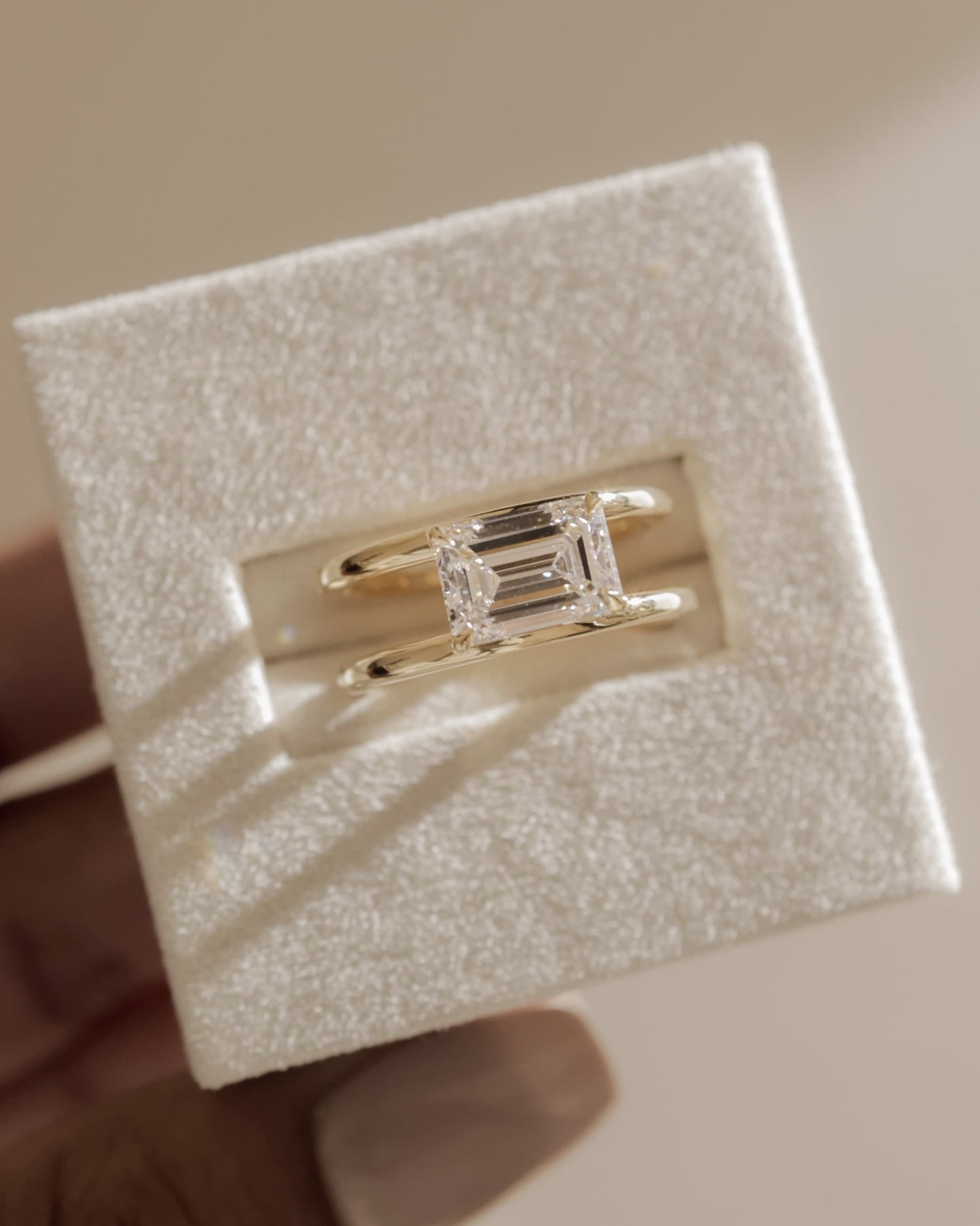 Devon - Emerald East West Claw Solitaire with Spaced Double Band Engagement Ring - White Gold