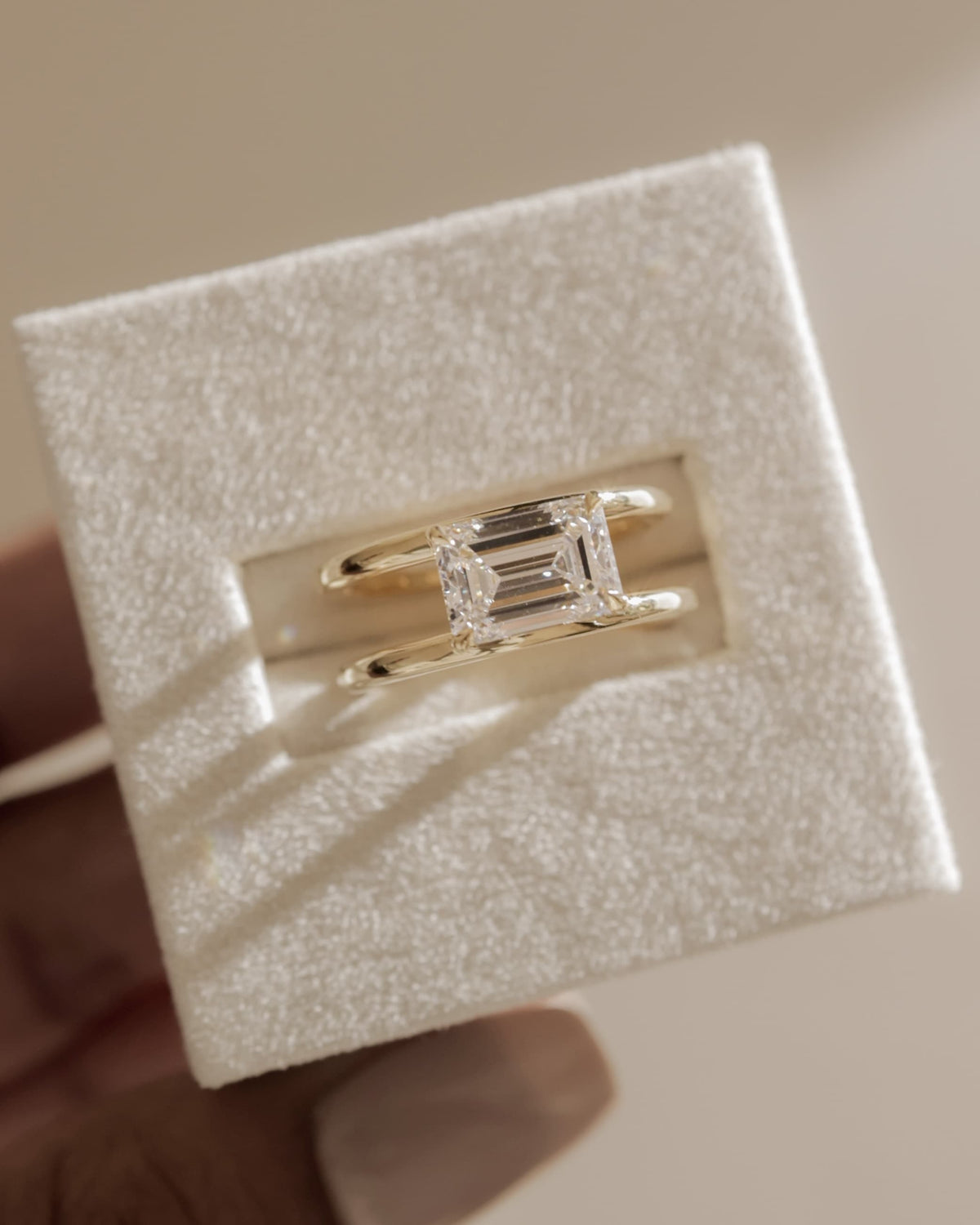 Devon - Emerald East West Claw Solitaire with Spaced Double Band Engagement Ring - Yellow Gold