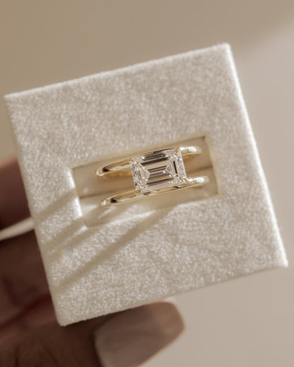 Devon - Emerald East West Claw Solitaire with Spaced Double Band Engagement Ring - Yellow Gold