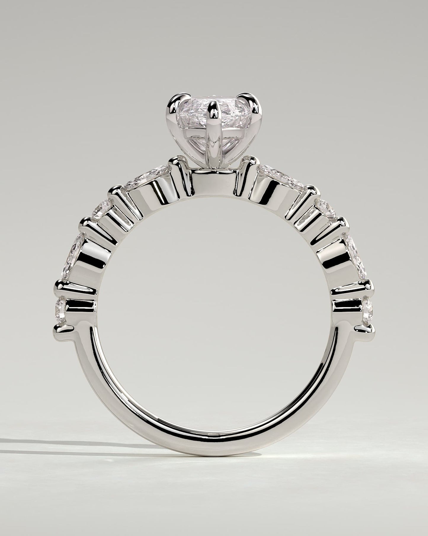 Beatrice - Marquise Claw Solitaire with Marquise and Round Accent Stones Engagement Ring - White Gold
