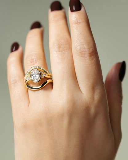 Meesha - Oval Bezel Solitaire with Marquise-Round Shoulder Stones and Cathedral High Setting Engagement Ring - Platinum