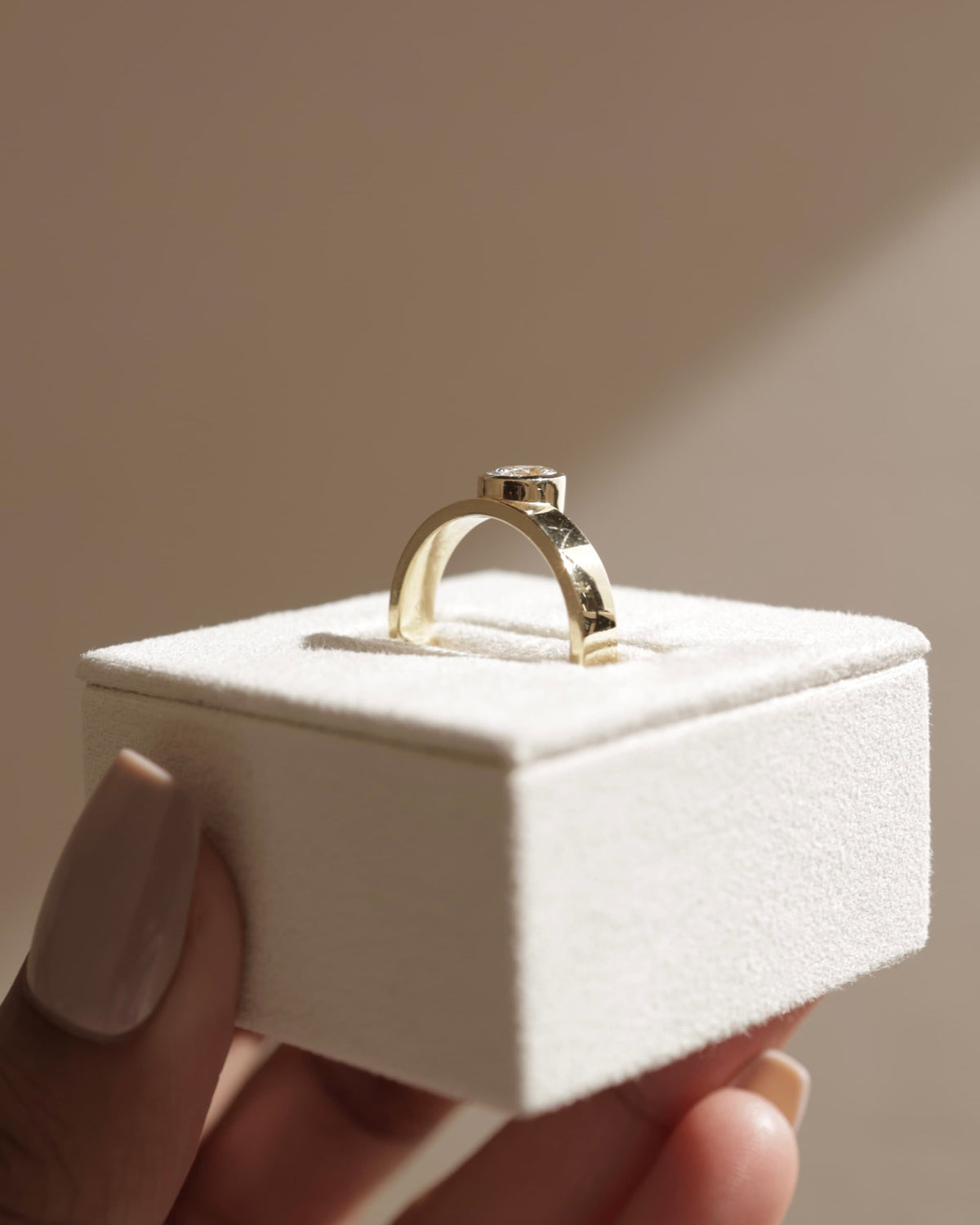 Carmen - Oval Bezel Solitaire with Offset Setting and Flat Cigar Band Engagement Ring - Yellow Gold