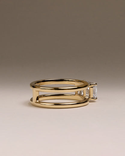 Devon - Emerald East West Claw Solitaire with Spaced Double Band Engagement Ring - Yellow Gold
