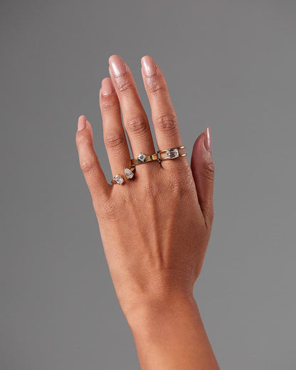 Vicki - Asscher Claw Solitaire with Offset Setting and Flat Cigar Band Engagement Ring - Yellow Gold