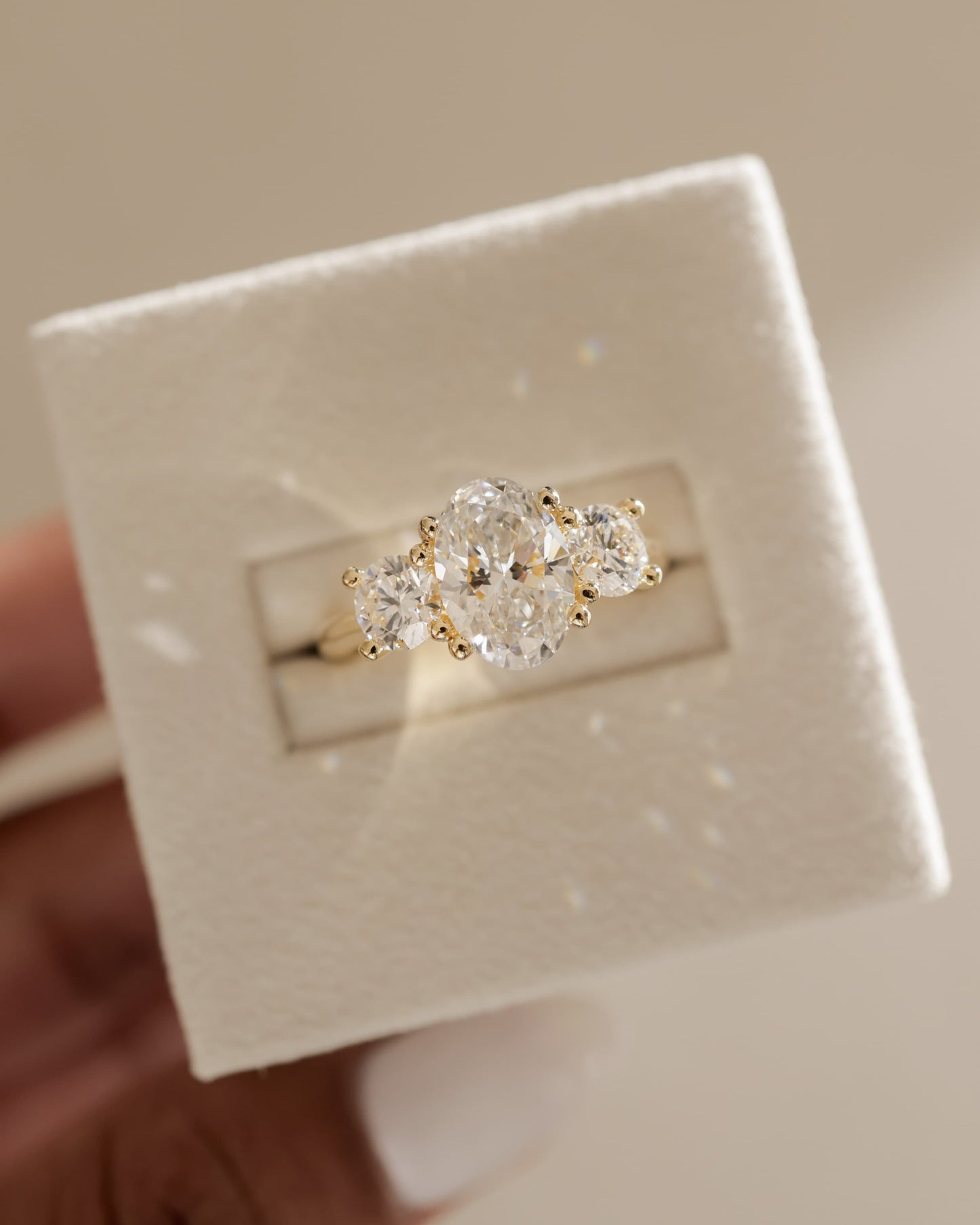 Grace - Oval Claw Trilogy with Round Side Stones, Open Trellis Gallery and Tapered Band Engagement Ring - White Gold
