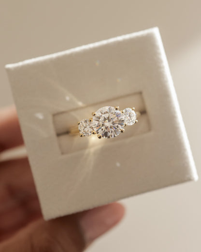 Octavia - Round Claw Trilogy with Round Side Stones and Trellis Gallery Engagement Ring - Yellow Gold