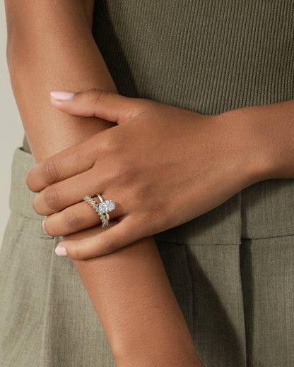 Athena - Oval Claw Solitaire with Double Plain-and-Round-Accent Stones Band Engagement Ring - Yellow Two-Tone