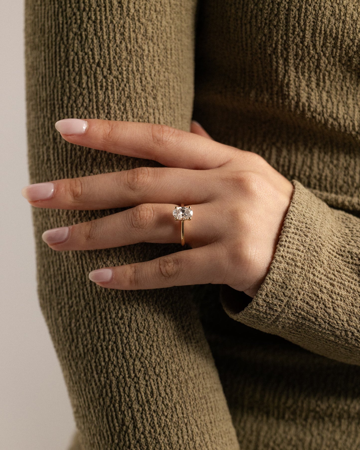 Emily - Oval Claw Solitaire with Pinched Tapered Band and Cathedral Low Setting Engagement Ring - White Gold