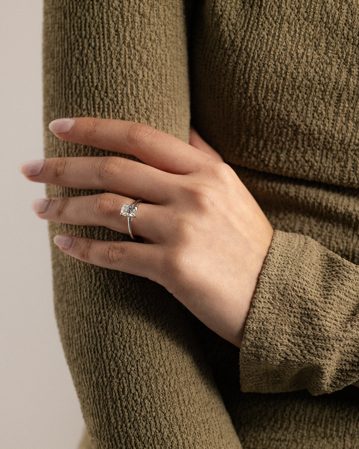 Kelsey - Elongated Cushion Claw Solitaire with Cathedral Low Setting and Open Trellis Gallery Engagement Ring - White Gold