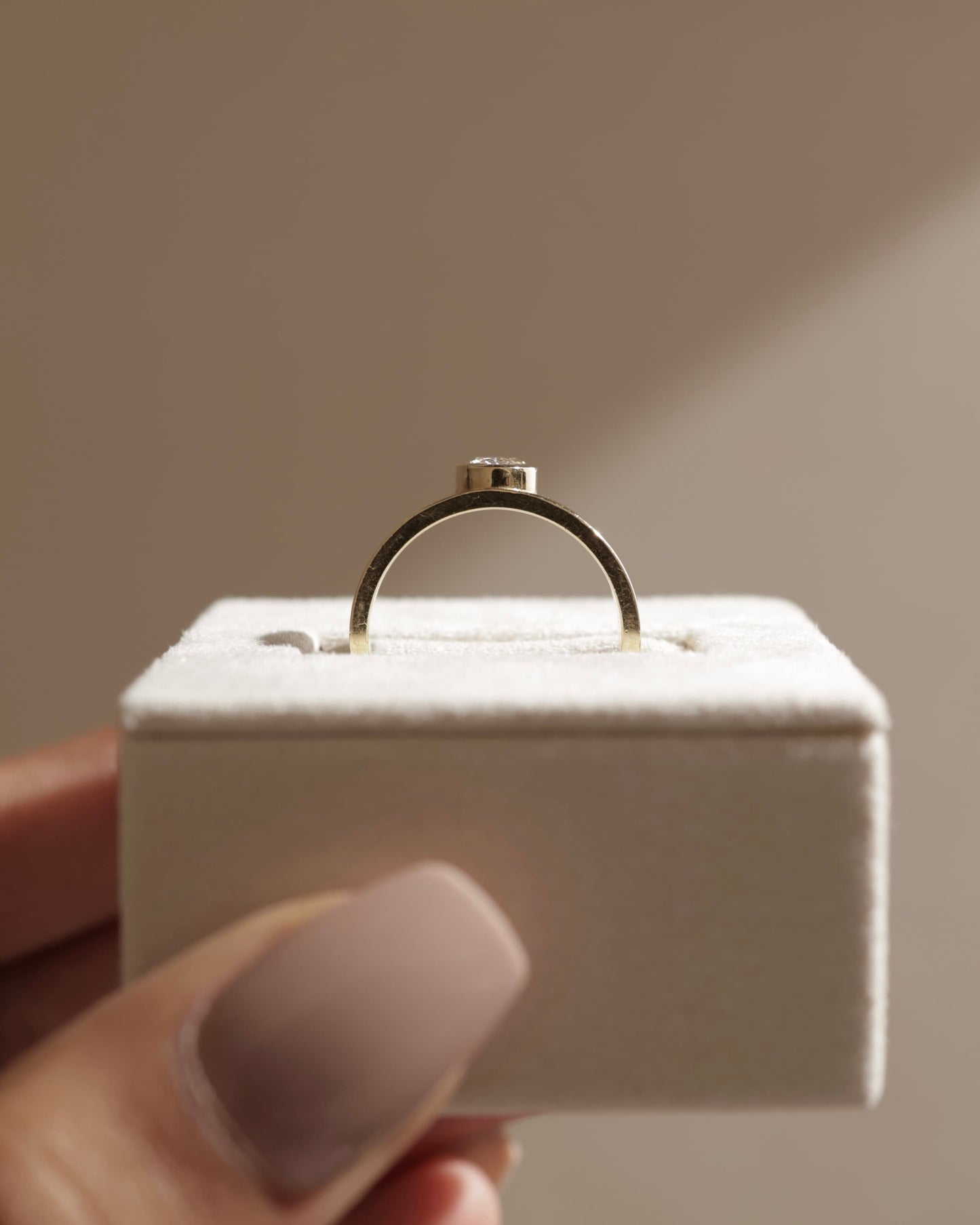 Carmen - Oval Bezel Solitaire with Offset Setting and Flat Cigar Band Engagement Ring - Yellow Gold