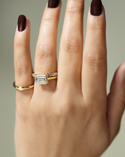 Olive - Statement Emerald East West Bezel Solitaire with Open Cathedral High Setting Engagement Ring - Yellow Gold