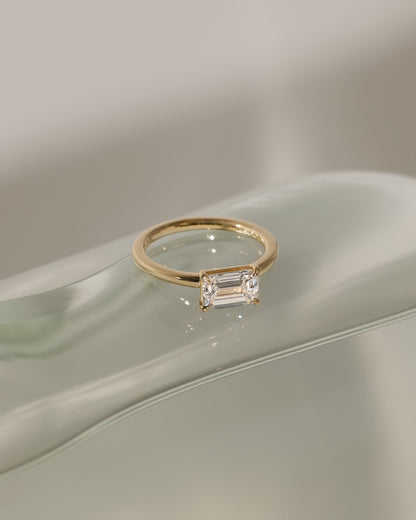 Evelyn - Emerald East West Claw Solitaire with Raised Basket Gallery Engagement Ring - Yellow Gold
