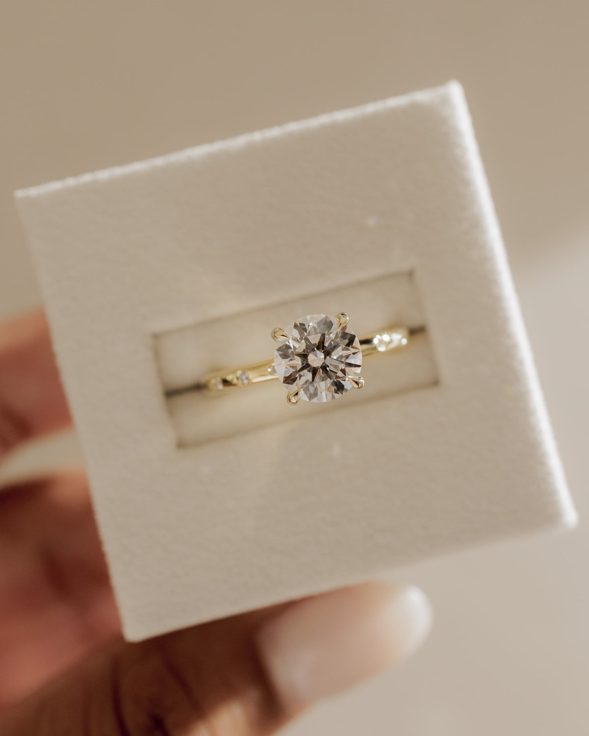 Nekija - Round Claw Solitaire with Inset Round Accent Stones Engagement Ring - White Gold