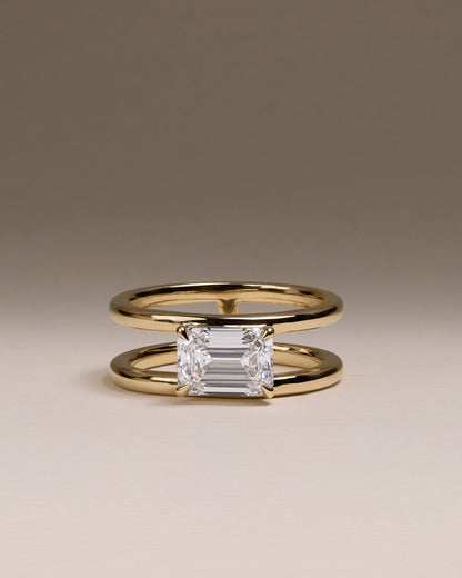 Devon - Emerald East West Claw Solitaire with Spaced Double Band Engagement Ring - White Gold