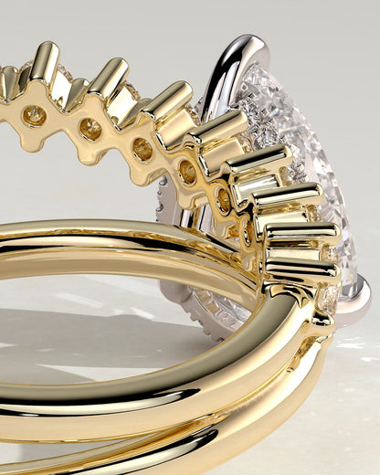 Xanthe - Pear Claw Solitaire with Double Plain-and-Round-Accent Stones Band Engagement Ring - Yellow Two-Tone