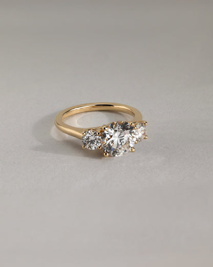 Octavia - Round Claw Trilogy with Round Side Stones and Trellis Gallery Engagement Ring - Yellow Gold
