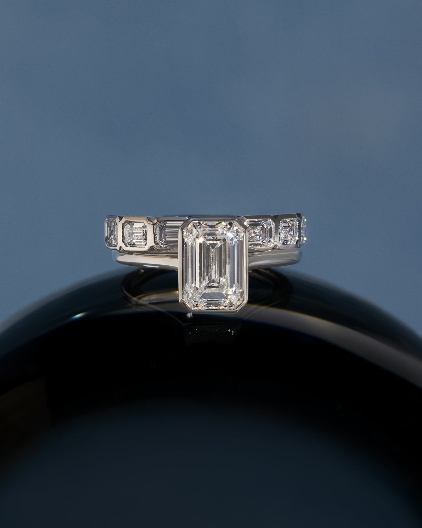 Imani - Emerald Bezel Solitaire with Cathedral High Setting Engagement Ring - White Gold
