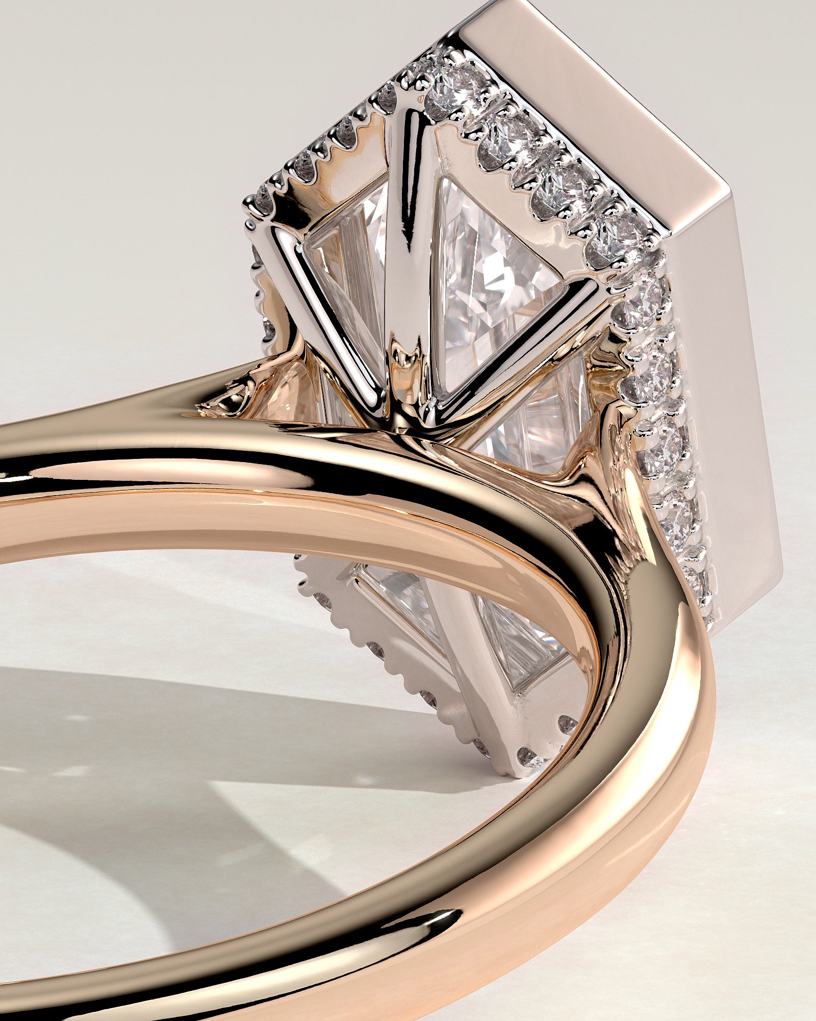 Gloria - Elongated Hexagon Bezel Solitaire with Hidden Halo and Cathedral High Setting Engagement Ring - Rose Two-Tone - Rose Two-Tone 2ct