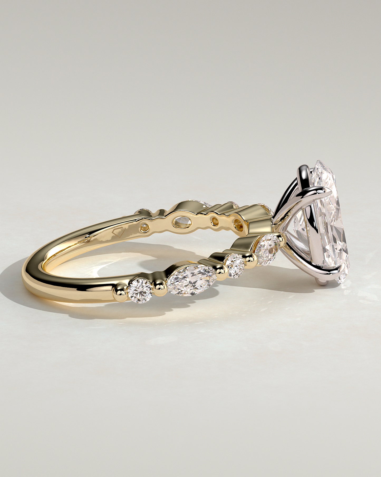 Alyssa - Oval Claw Solitaire with Marquise and Round Accent Stones Engagement Ring - Yellow Two-Tone - Yellow Two-Tone 2ct