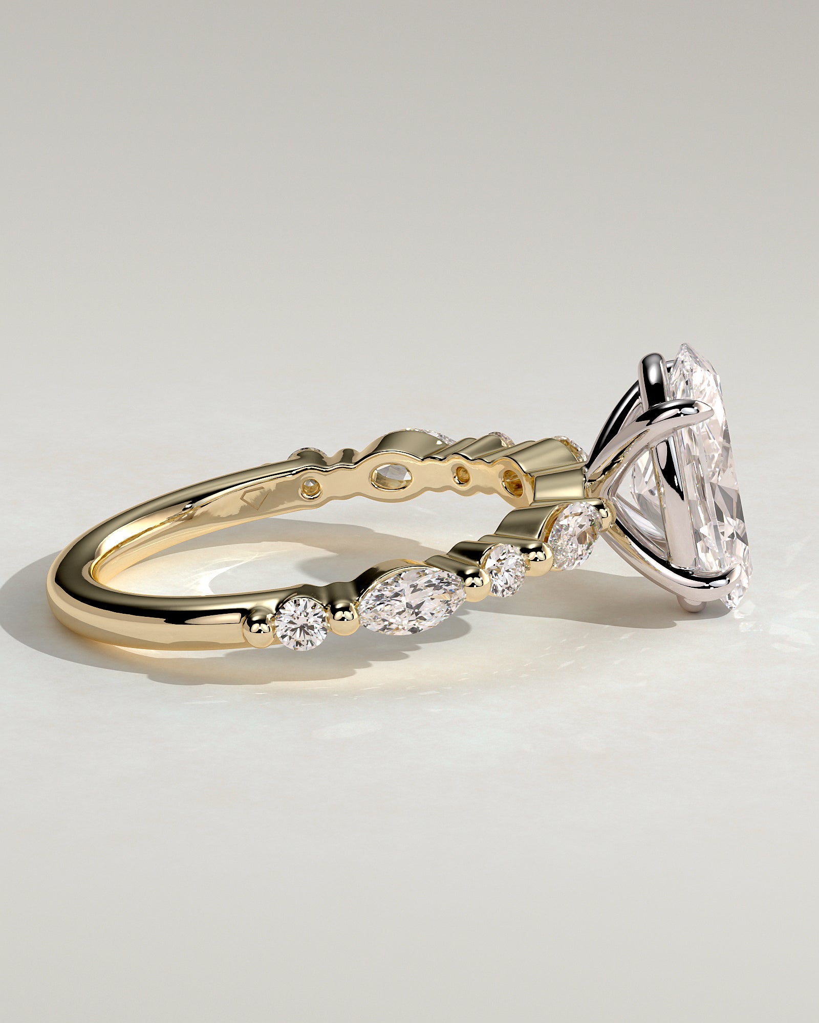 Alyssa - Oval Claw Solitaire with Marquise and Round Accent Stones Engagement Ring - Yellow Two-Tone - Yellow Two-Tone 2ct