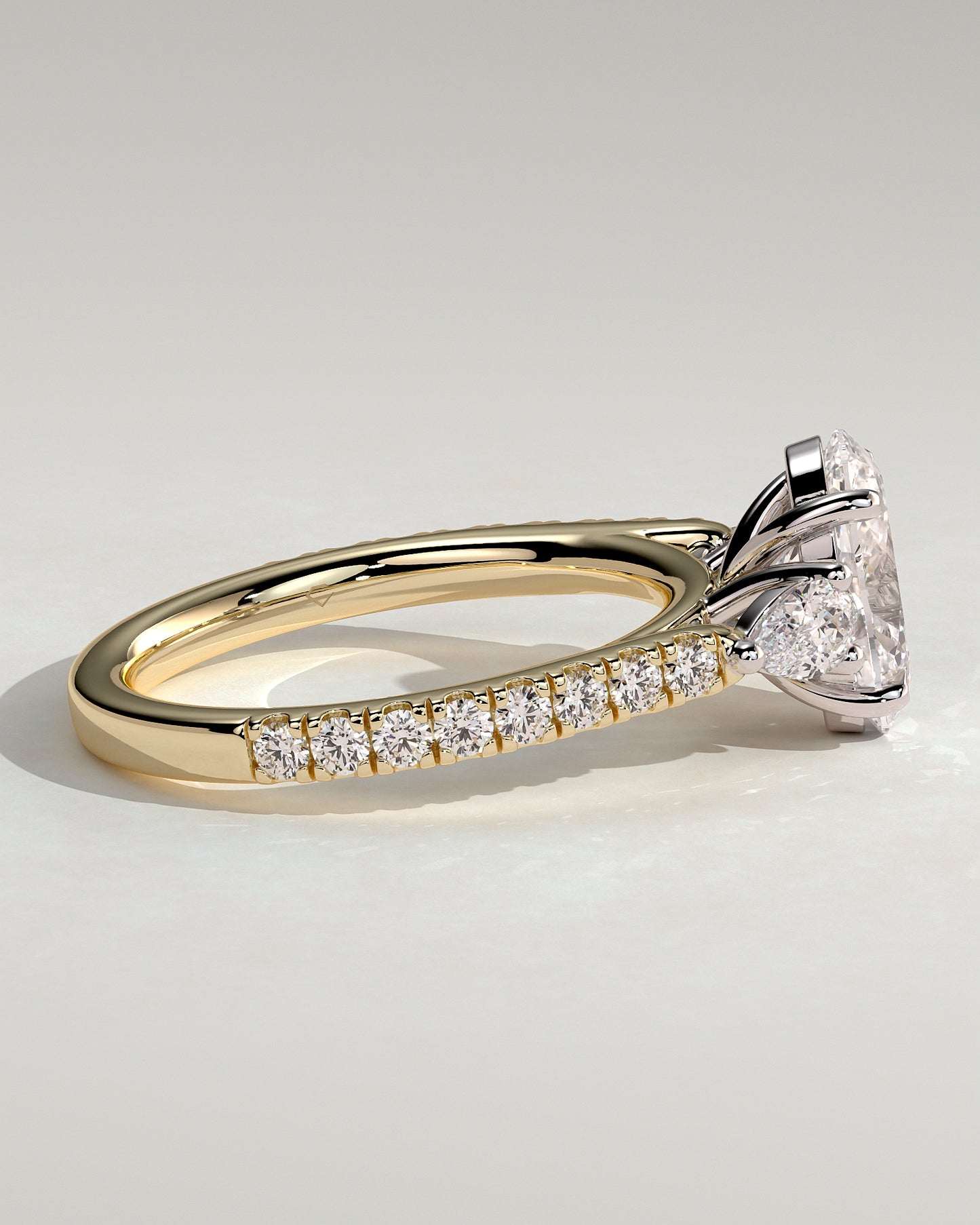 Arabella - Oval Claw Trilogy with Pear Side Stones and Pave Band Engagement Ring - Yellow Two-Tone - Yellow Two-Tone 2ct