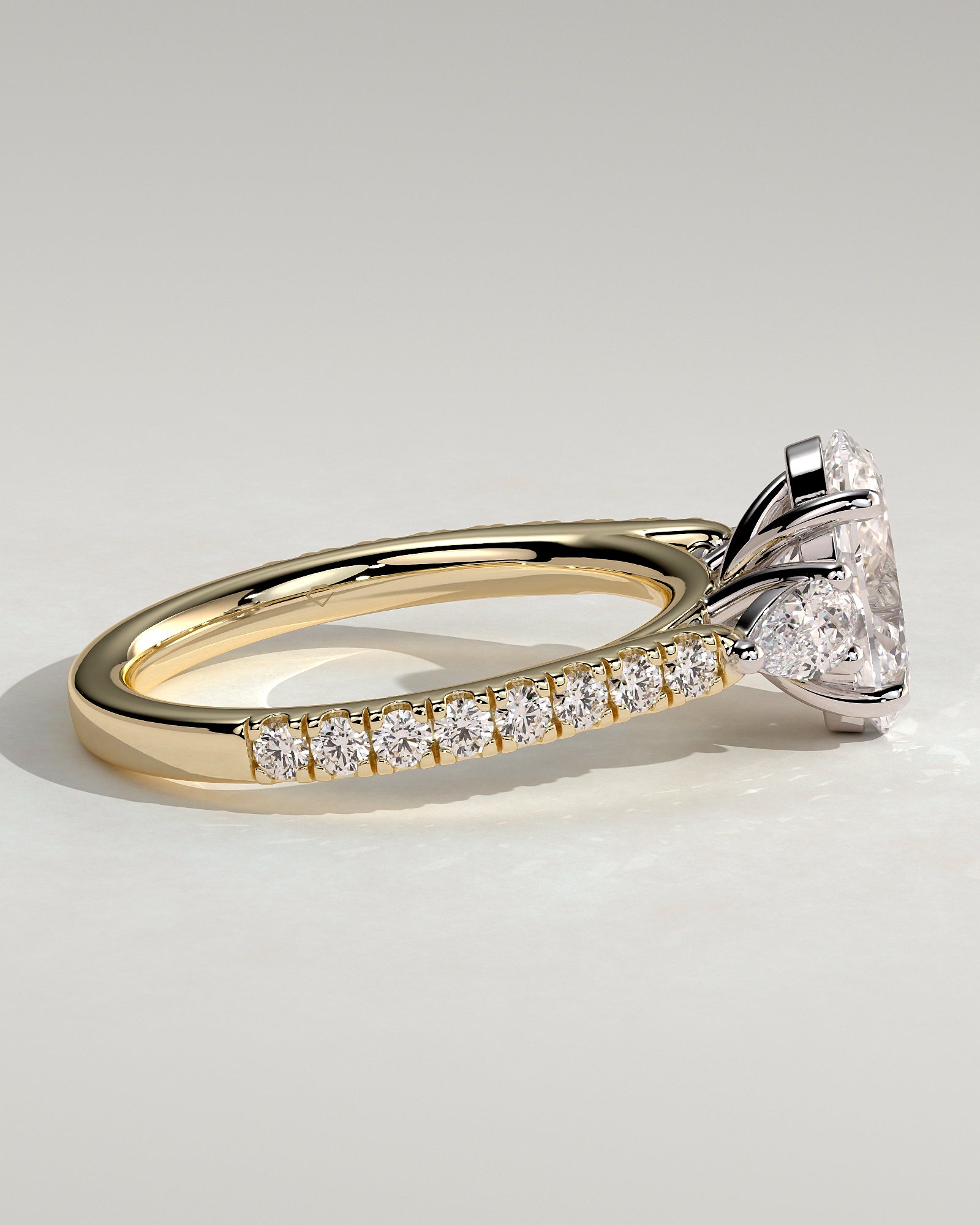 Arabella - Oval Claw Trilogy with Pear Side Stones and Pave Band Engagement Ring - Yellow Two-Tone - Yellow Two-Tone 2ct