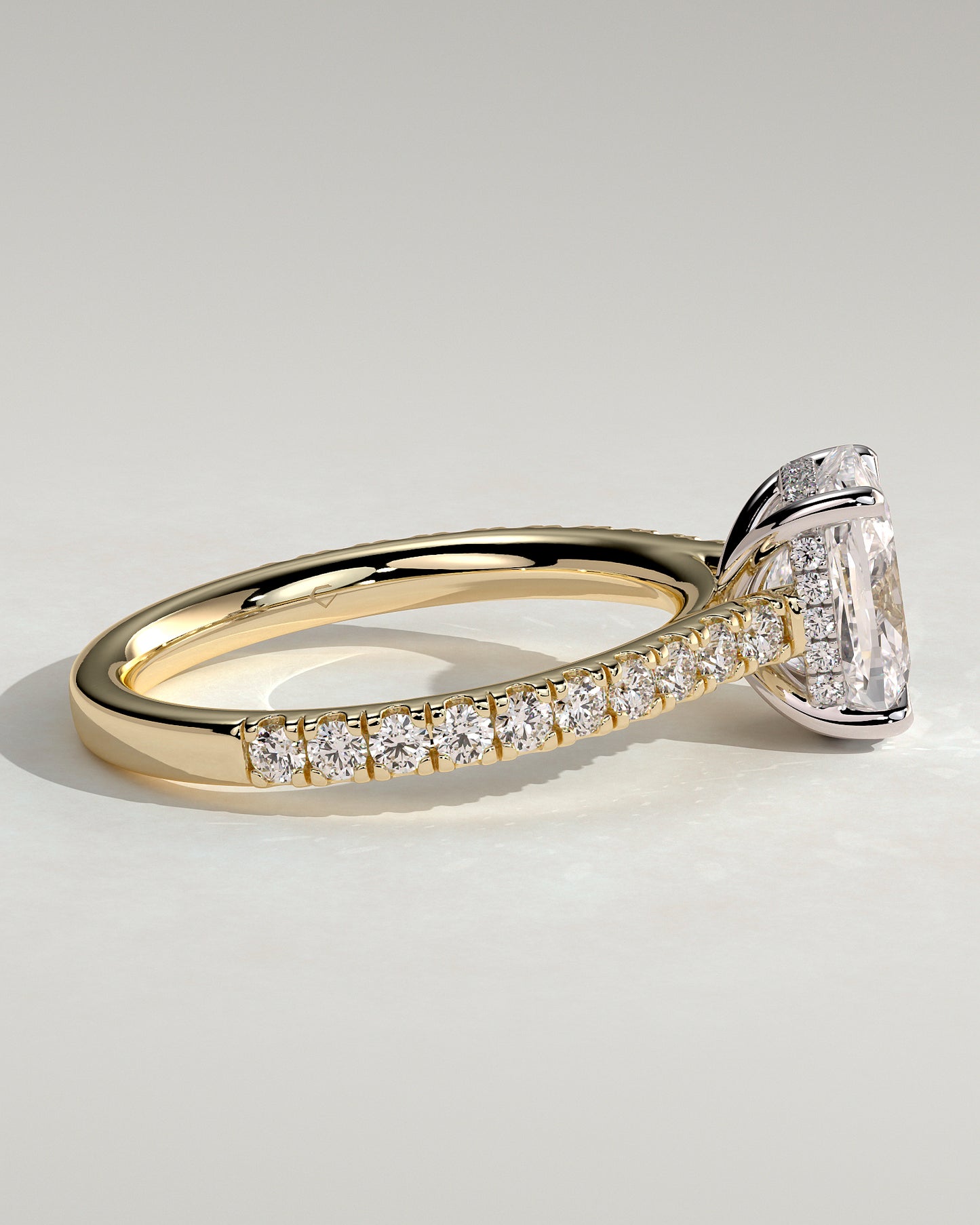 Annika - Elongated Cushion Claw Solitaire with Hidden Halo, Pave Band and Cathedral High Setting Engagement Ring - Yellow Two-Tone - Yellow Two-Tone 2ct