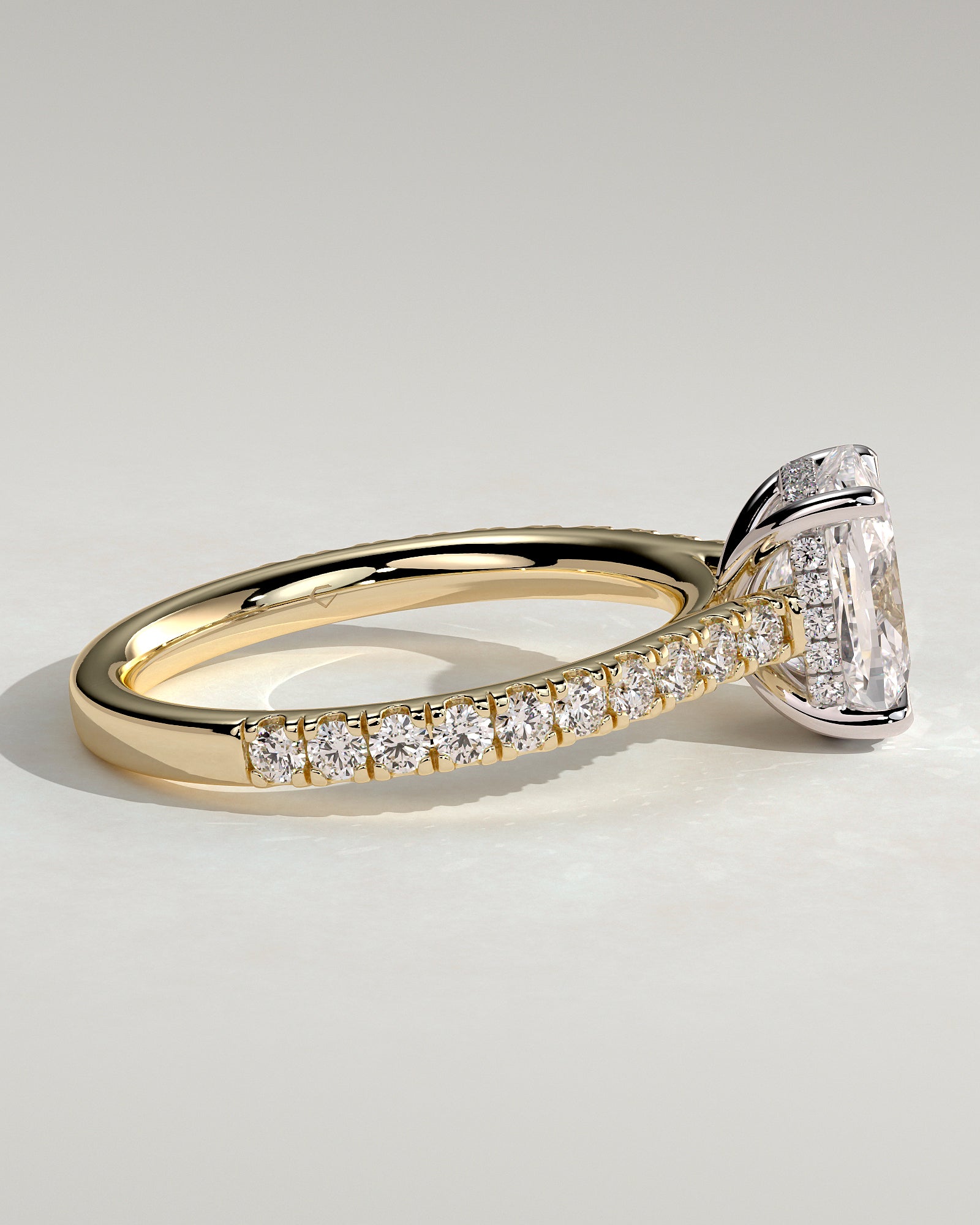 Annika - Elongated Cushion Claw Solitaire with Hidden Halo, Pave Band and Cathedral High Setting Engagement Ring - Yellow Two-Tone - Yellow Two-Tone 2ct