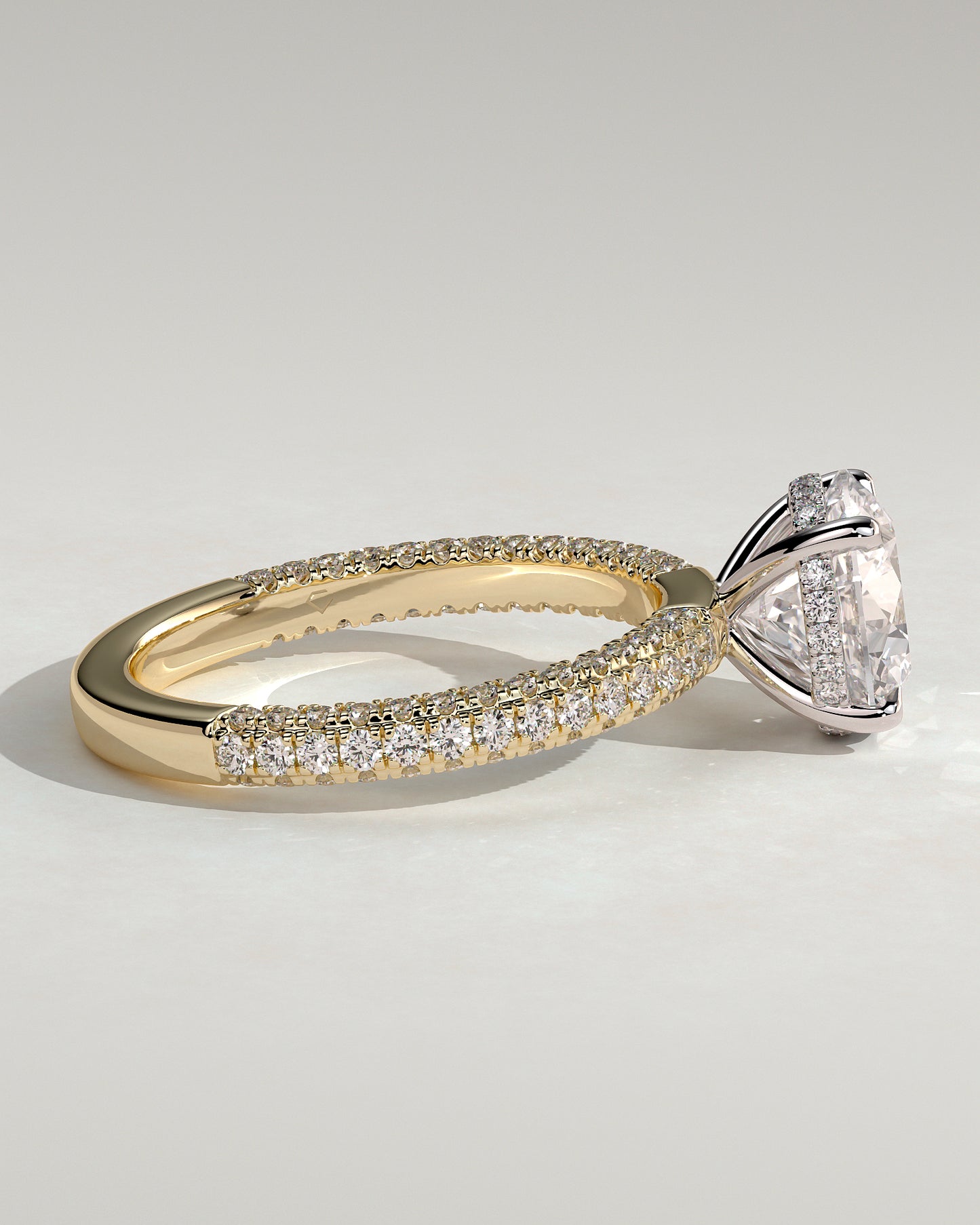 Alex - Round Claw Solitaire with Hidden Halo and Triple Pave Band Engagement Ring - Yellow Two-Tone - Yellow Two-Tone 2ct