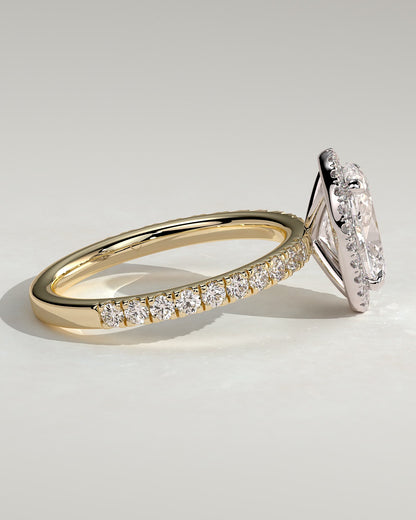 Aurora - Oval Claw Solitaire with Halo and Pave Band Engagement Ring - Yellow Two-Tone