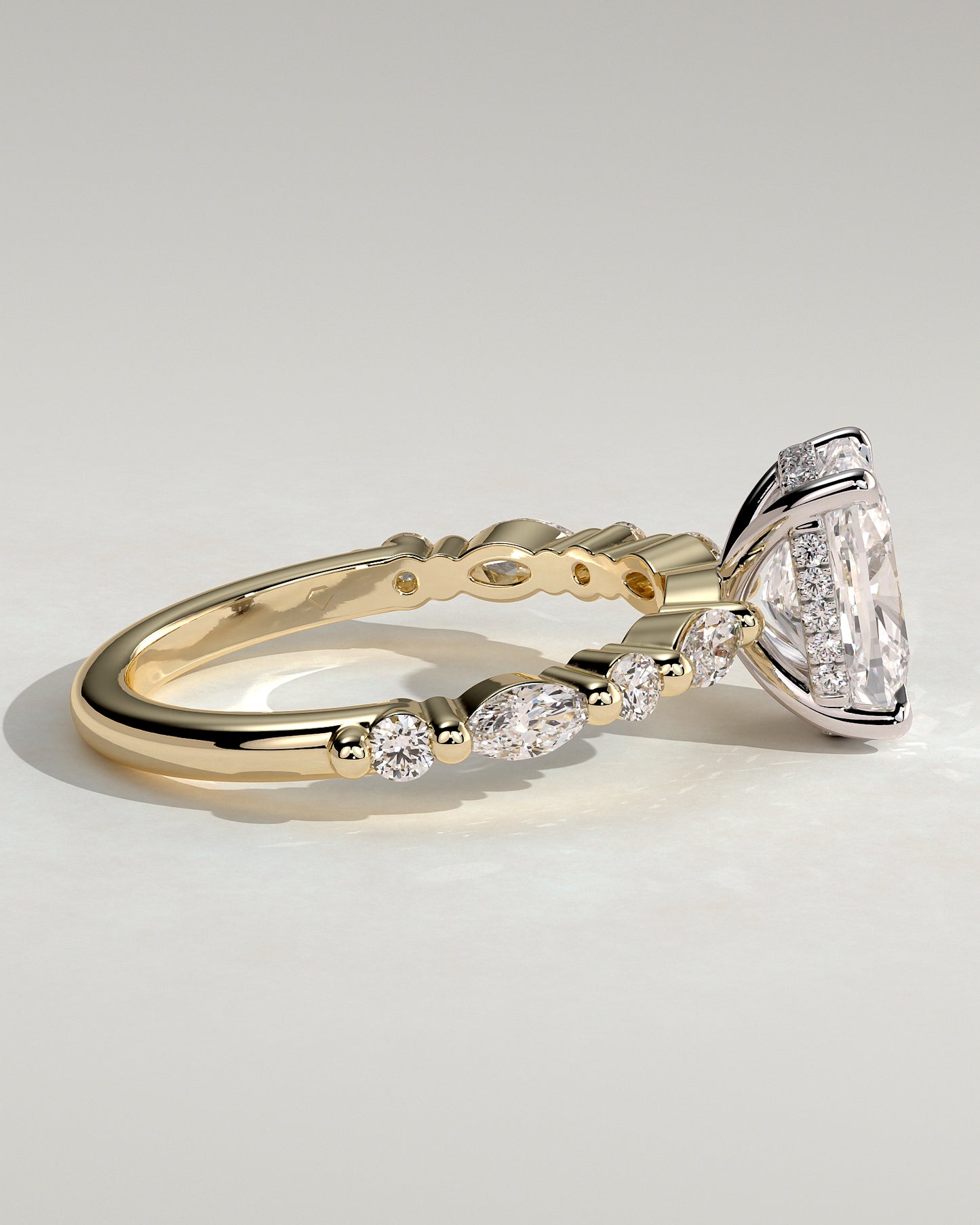 Cali - Elongated Cushion Claw Solitaire with Marquise-Round Accent Stones and Hidden Halo Engagement Ring - Yellow Two-Tone - Yellow Two-Tone 2ct