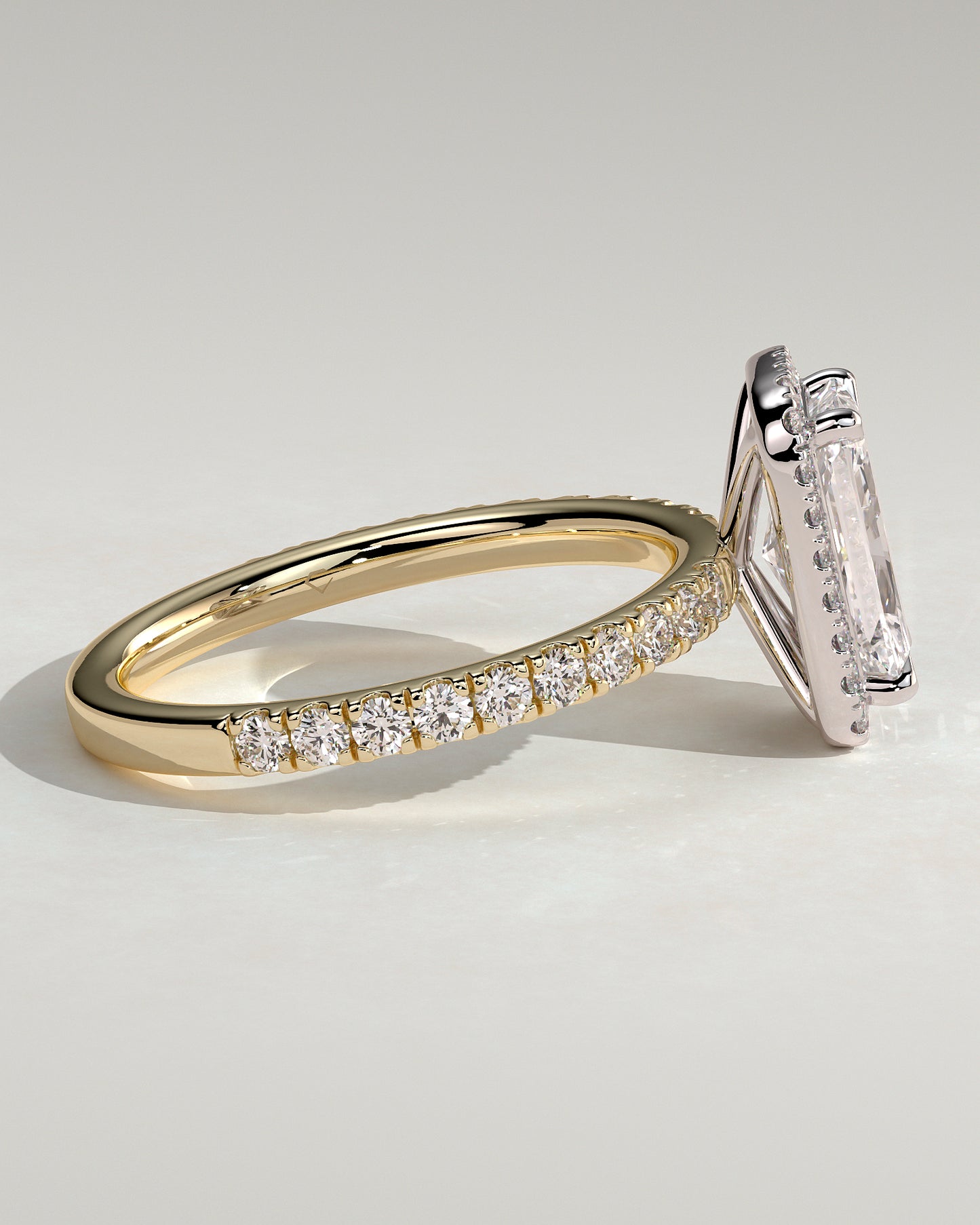 Catherine - Radiant Claw Solitaire with Halo and Pave Band Engagement Ring - Yellow Two-Tone - Yellow Two-Tone 2ct